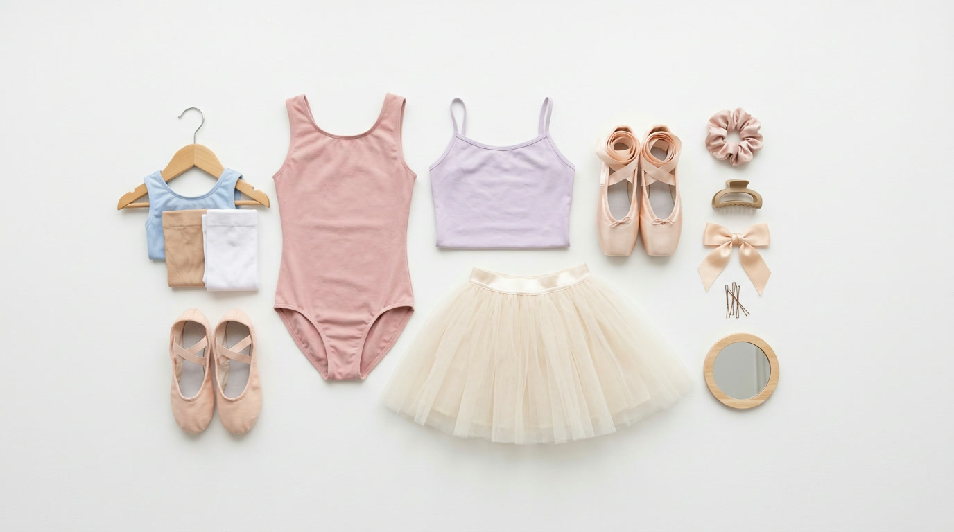 A collection of neatly arranged dancewear: leotards, tutus, pointe shoes, tights, and accessories, laid out on a warm wooden floor